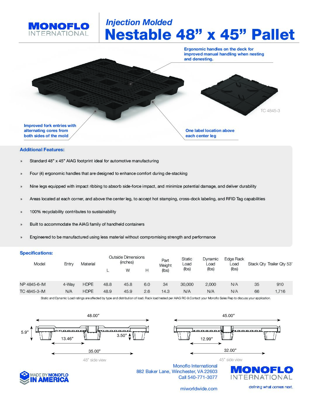 Nestable 48” x 45” Pallet Spec Sheet