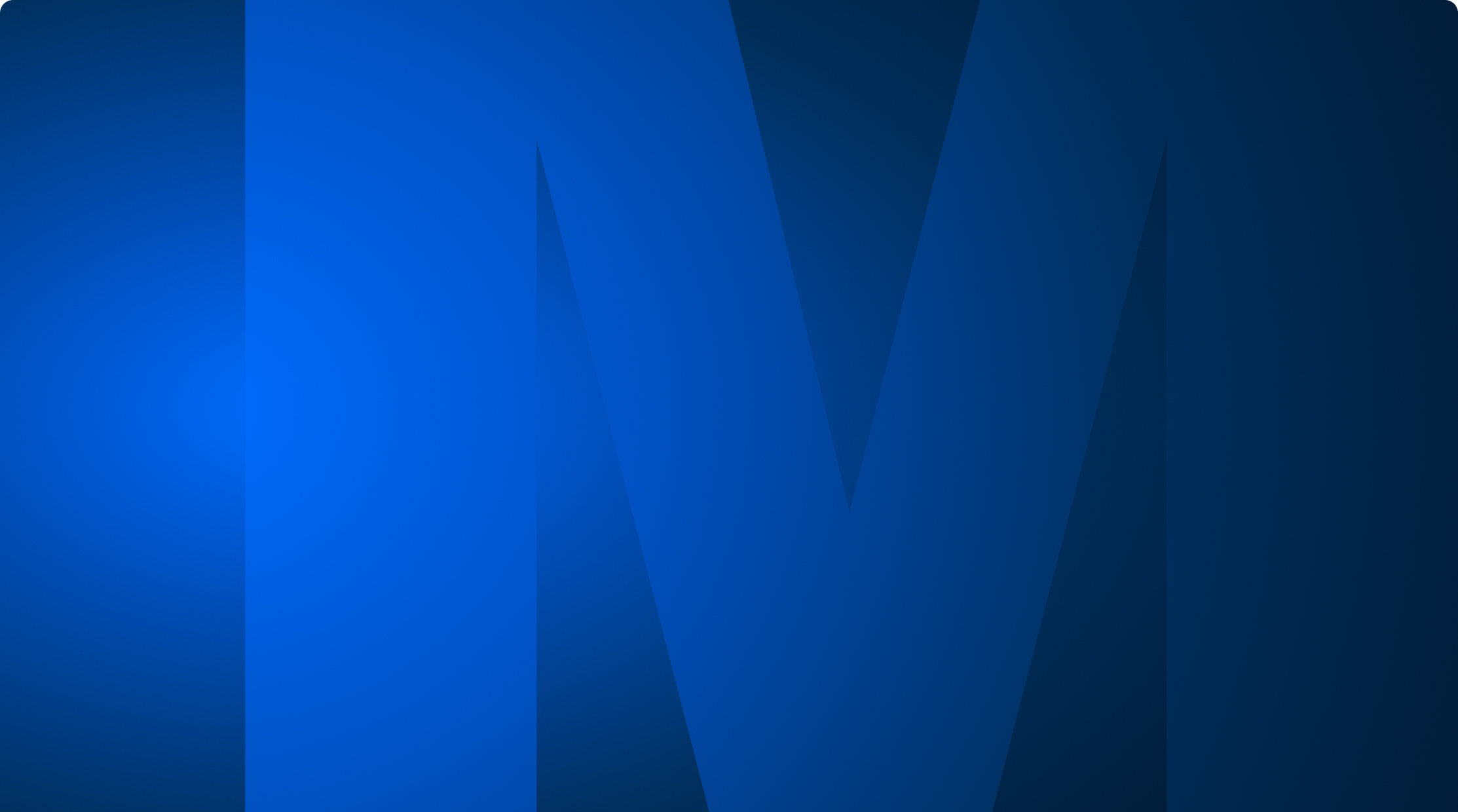 Blue abstract background featuring a large stylized letter M with gradient lighting.