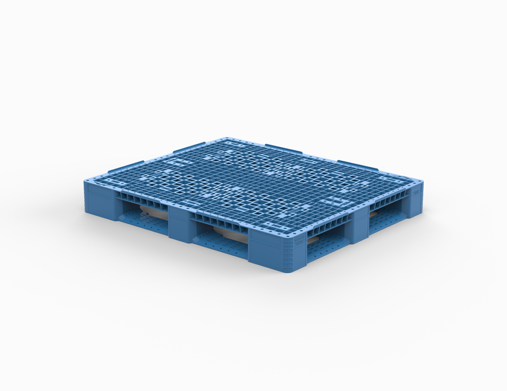 A blue plastic pallet on a white background, showcasing Monoflo's new 48” x 40” rackable pallet design.